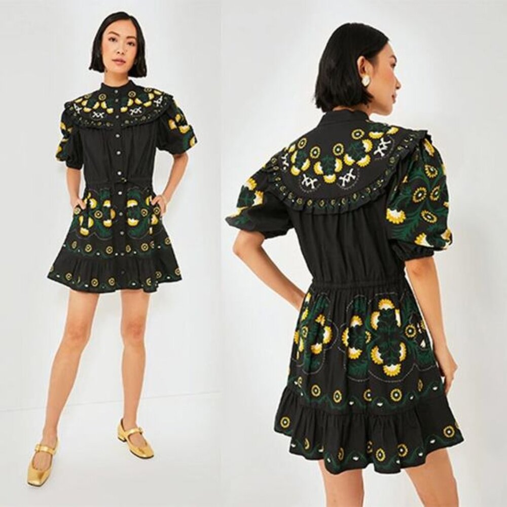 NWT Sea New York Perle Print Puff Sleeve Ruffled Cotton Black Mini Dress
